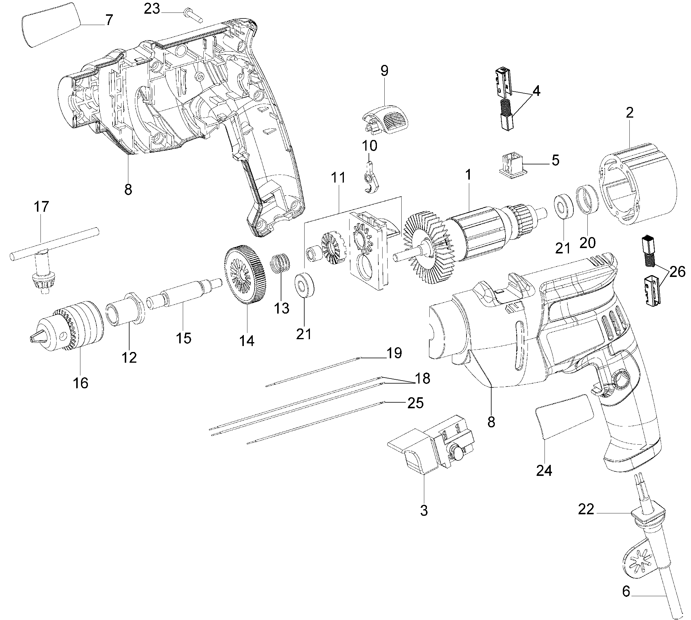 Default Diagram and Parts List for KR508-B3 Type 1 Black and Decker Hammer Drill